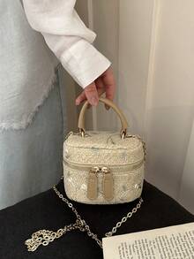 Tas Tangan Silinder Anyaman Bunga Lembut Gaya Prancis, Tas Mini Selempang Rantai untuk Acara Malam, Kotak Kosmetik - Khaki - View 5