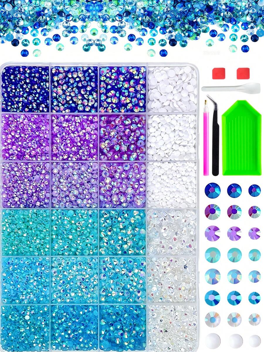 1盒藍紫色透明平底水鑽與白色半珍珠套組,混色尺寸3/4/5mm AB極光水晶水鑽,含鑷子、點鑽筆、水鑽盤及完整取鑽工具,美甲DIY閃亮寶石套組 - 彩色 - 查看 1