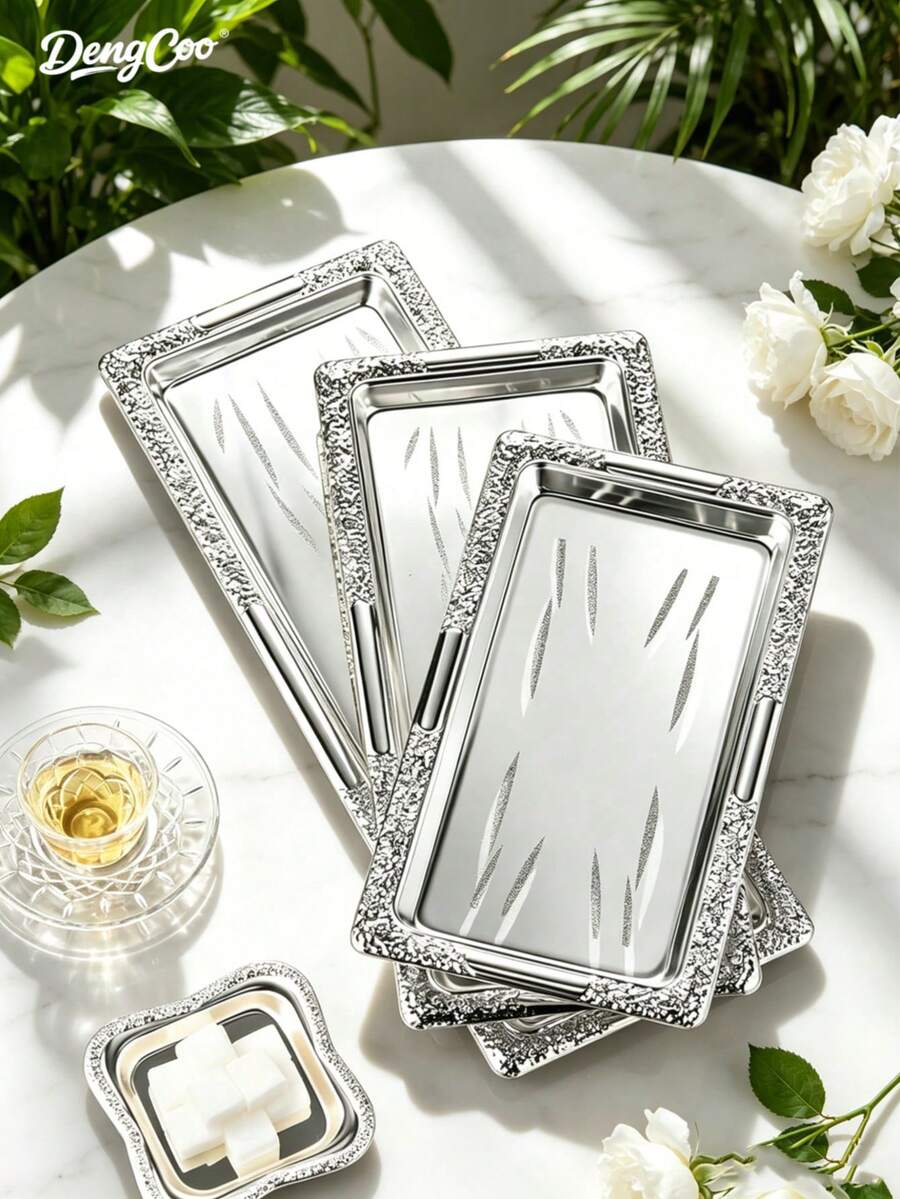 Dengcoo 1 Piece Of Silver Metal Long Tray, Storage Tray, Dinner Plate, Serving Tray, Middle Eastern Style Tray. Available In 3 Sizes. Suitable For Home, Restaurant, Dining, Ramadan And Eid Al-Adha. - Silver - View 1