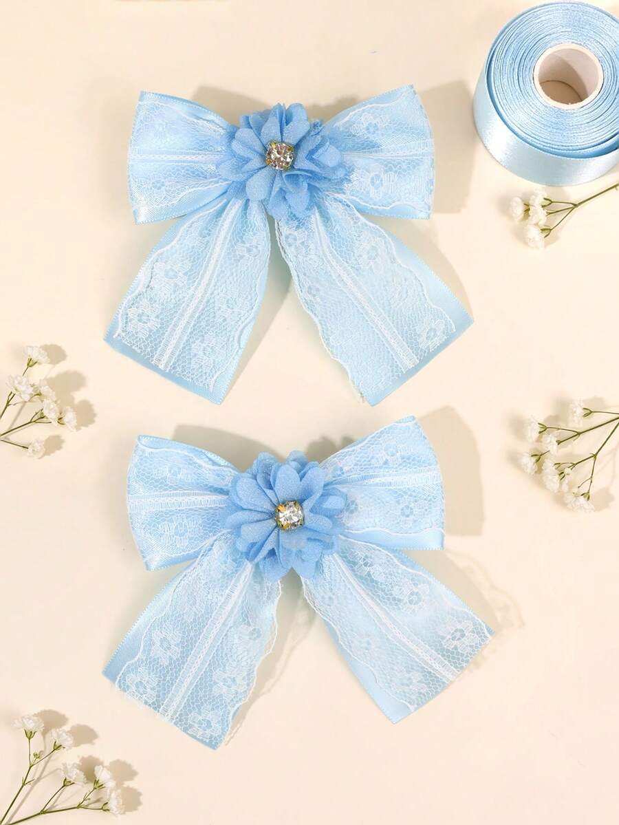 2 Stücke blaue Spitzen-Schleifen-Haarspangen für Mädchen, mit Blumen & Strass verzierte Haarspangen, exquisite kurze Krokodil-Clips, süß, niedlich, Prinzessin, Mode, minimalistische Haarspangen, Hochzeit, Alltag, Geschenk Haarspangen, Teenager Haaraccessoires - Blau - Übersicht 1