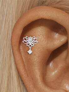 SereneSpark 1 pièce Boucles d'oreilles pendantes en argent sterling 925 avec pendentif lotus, boucles d'oreilles pendantes hypoallergéniques en zircone pour femmes, bijou d'oreille percé élégant cadeau - Argent - Voir 2