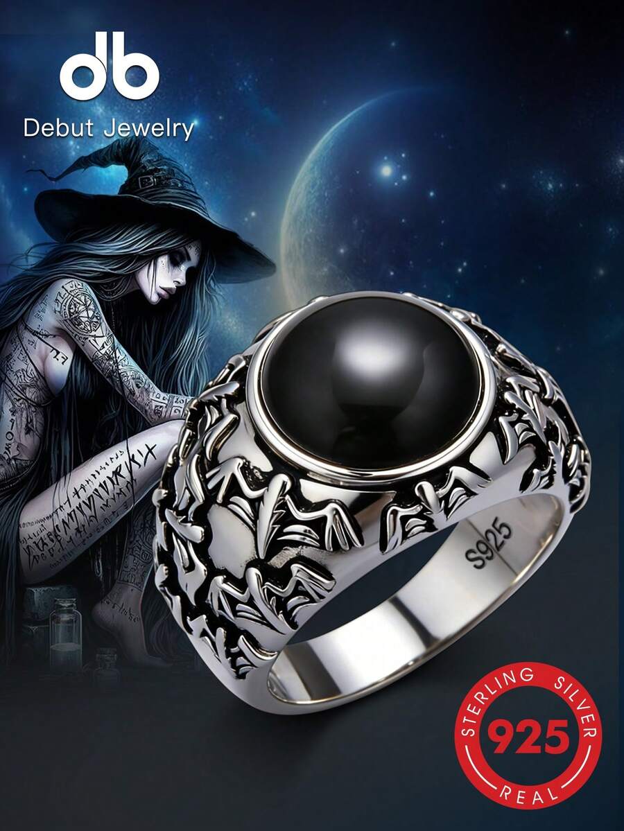 S925 Sterling Silver Black Agate Ring, Vintage Bat Carving Gothic Style Unisex Accessory, Faith Jewelry, Gothic Unisex Daily Wear Jewelry, Unisex Design, Comes With Gift Box