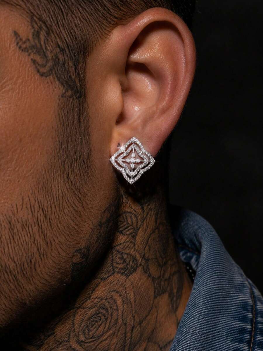 1 Pair Men's Square Zirconia Stud Earrings, Rhombus Zirconia Stud Earrings, Flower Stud Earrings, Geometric Hollow Double Layer Square Frame Starburst, Personalized Hip-Hop Street Style Earrings, Suitable For Back To School, Daily Wear And Holiday Jewelry - Diamond-shaped Earrings - View 1