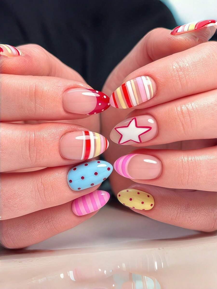 30pcs Pink Striped Polka Dot Star Fake Nails, Summer Nail Art Supplies, Square Nail, Y2K Style Nail Art, Almond Nail - Watermelon Pink - View 1
