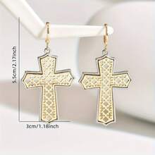 Fashionable Dual-Tone Silver & Gold Fine Textured Cross Hoop Earrings, Vintage Gothic Hollow Lace Cutout Religious Cross Pendant Earrings With Minimalist Design, Unique And Versatile For Daily Wear - Gold - View 2