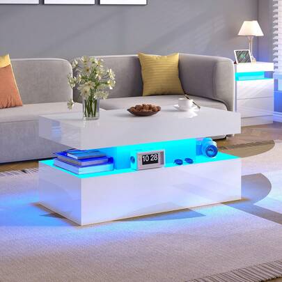 Living Room Coffee Table With LED Light, Modern High Gloss Center Table With Storage