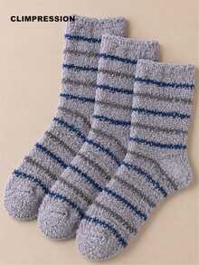 CLIMPRESSION Men's Striped Plush Mid-Calf Socks, Soft Coral Fleece Mid-Calf Socks, Warm Striped Winter Home & Sleep Socks - Multicolor - View 15
