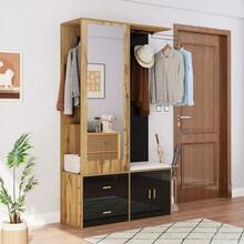 Elegant Wardrobe Set In Black And Wood Color With Mirror, Shoe Cabinet, Shoe Bench With Hooks And Extendable Clothes Hangers. - 黑色 - 查看 1