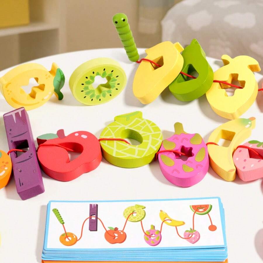1 Set Wooden Fruit Lacing Toy, Multiple Fruit Shapes With Lacing Cards, Fine Motor Skills And Concentration Early Education Game For Babies
