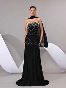 Black Strapless Pearl Decorated Evening Gown With Shawl, Suitable For Prom, Bridesmaid And Evening Party - Black - View 2