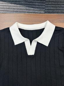 GRDR 男士夏季輕量針織短袖上衣，對比飾邊設計，時尚休閒 T-shirt - 黑色 - 查看 8