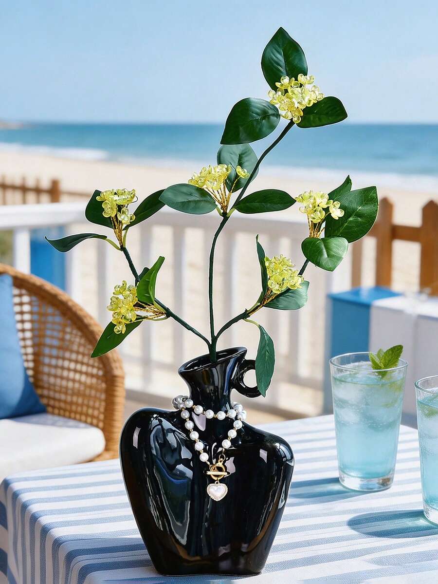 1PC Elegant Yellow Beaded Artificial Flower With Fresh Leaves, Artificial Floral Bouquet, Holiday Gift, Creative Flower Arrangement, Durable, No Maintenance, Suitable For Wedding, Event Decor, Home Desktop Decoration Ornament