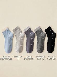 5 Pairs Women's Mid-Calf Socks With Sweet Bow Pattern Design, Creative Fashion Personalized Women's Socks, Spring/Autumn Thin Breathable Comfortable Moisture-Wicking Socks, Sports Casual Streetwear College Style Elegant Women's Long Socks, Suitable For Daily Versatile Use, Holiday Gifts, Party - Multicolor - View 3
