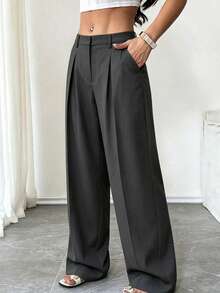 Pantalones de traje de mujer de cintura alta con pliegues y pierna ancha para todas las estaciones, con cinturón, ajuste drapeado, adecuados para oficina, negocios, desplazamientos, uso diario, compras, viajes por la ciudad, reuniones de negocios, citas casuales - Negro - Ver 1