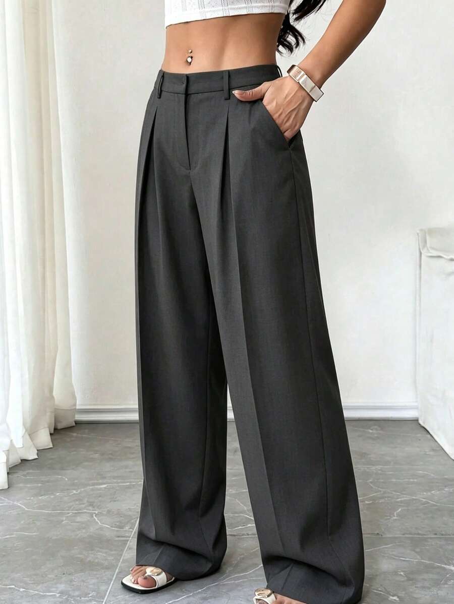 Pantalones de traje de mujer de cintura alta con pliegues y pierna ancha para todas las estaciones, con cinturón, ajuste drapeado, adecuados para oficina, negocios, desplazamientos, uso diario, compras, viajes por la ciudad, reuniones de negocios, citas casuales - Negro - Ver 1
