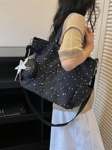 新款 Y2K 甜酷風 3D 五角星與星星碎片帆布托特包 女款，多口袋大容量單肩斜跨包，附側袋、可拆卸零錢包與星星掛飾 - 黑色 - 查看 4