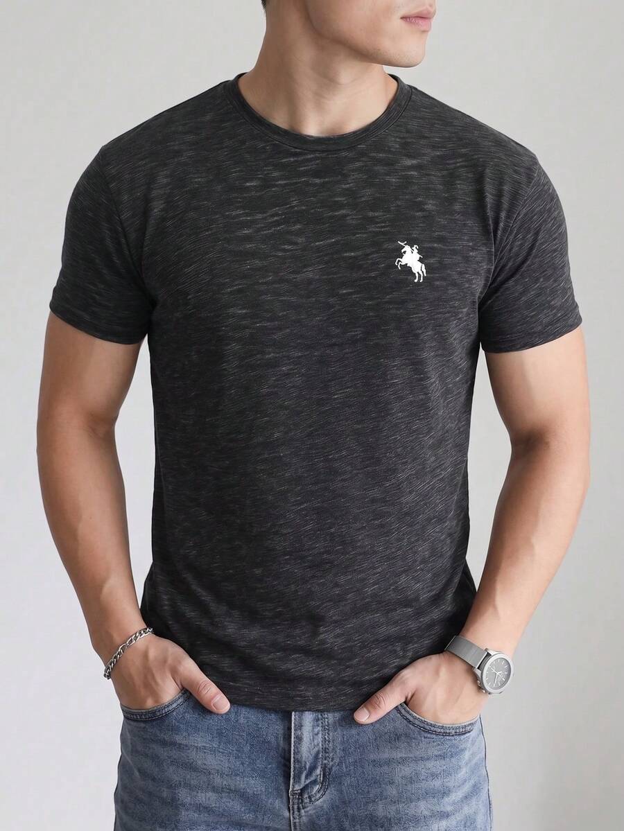 Summer Vintage Washed Short Sleeve Graphic T-Shirt Basic Style With Small Horse Logo
