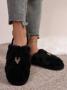 女款時尚愛心裝飾毛絨拖鞋，半露趾，輕量柔軟底，保暖室內居家拖鞋，秋冬款 - 黑色 - 查看 15