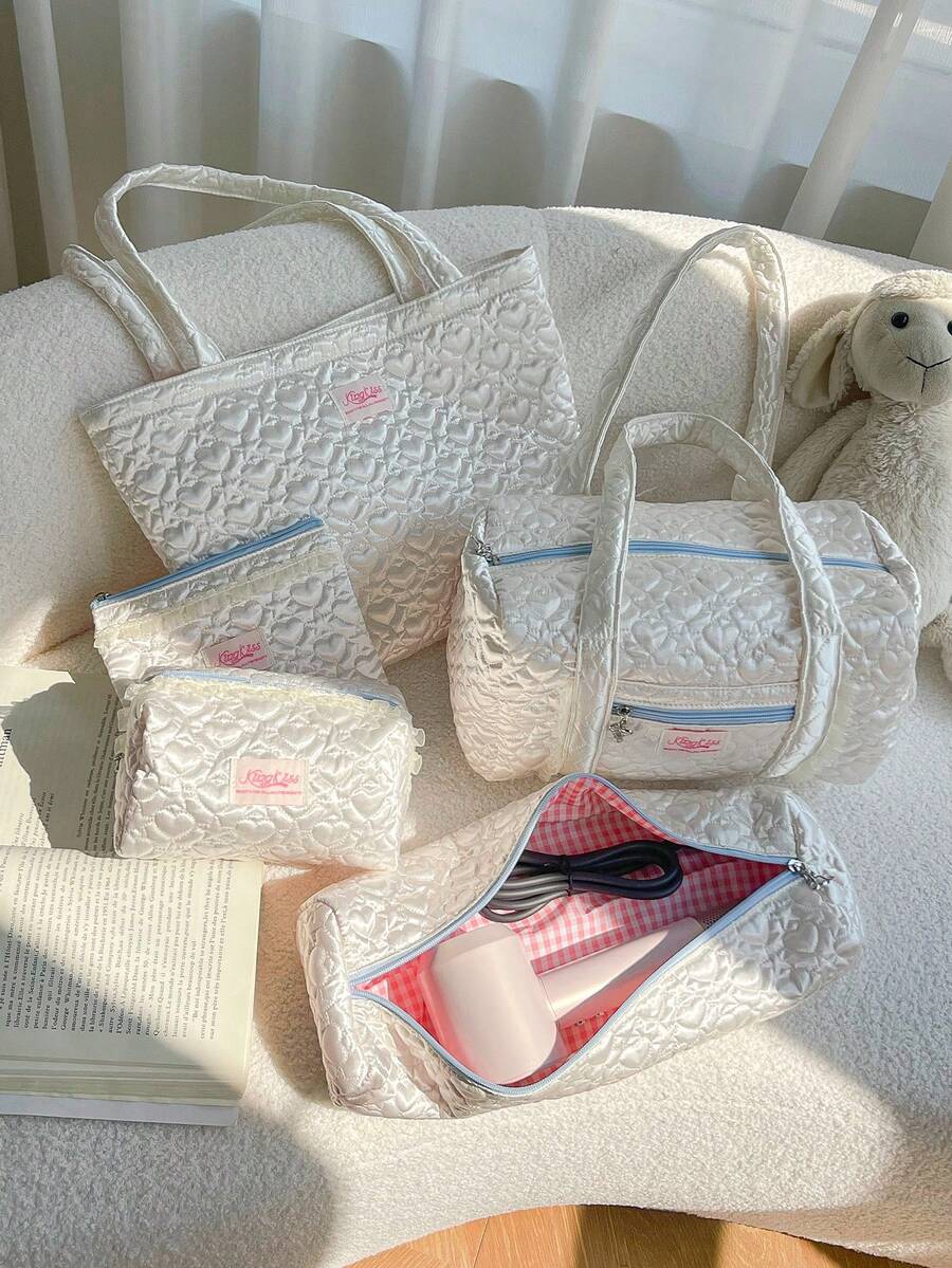 Quilting Women Shoulder Bag Set ,Multi-Functional Storage Bag Cosmetic Bag Hair Curler Storage Bag ,Travel Bag For School Travel Back To School Gift - White - View 1