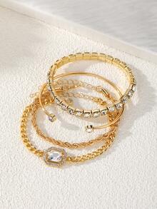 4pcs Luxury Fashion Minimalist Personalized Fresh Metal Multi-Layer Stackable Square Rhinestone Chain Bracelet Set For Women, High-Selling Popular Bracelet Set Suitable For Daily Wear And Office - Yellow Gold - View 3