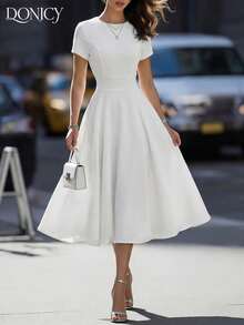 DONICY Women's White Textured Belted Midi Dress Spring Summer Fashion Elegant Wedding Guest Date Going Out Daily Casual Party Outfit - White - View 1