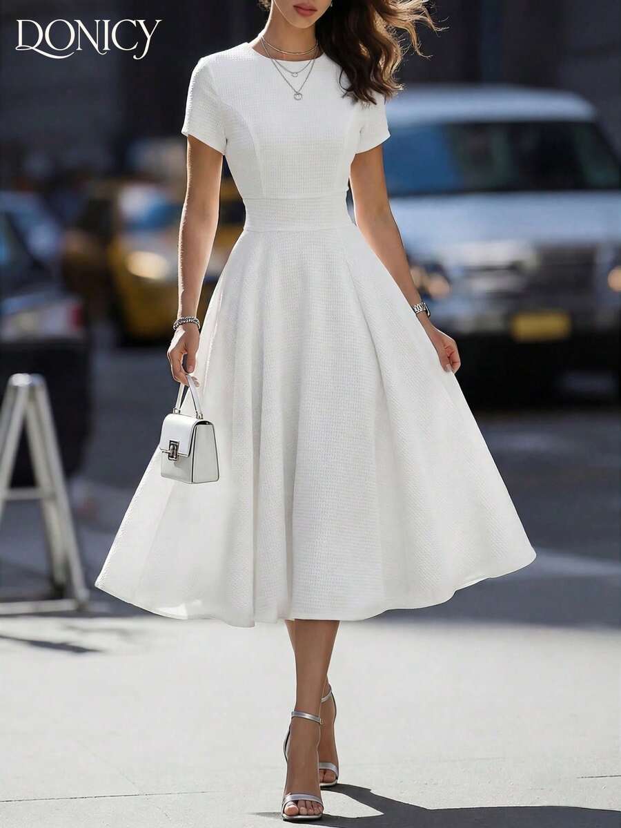 DONICY Women's White Textured Belted Midi Dress Spring Summer Fashion Elegant Wedding Guest Date Going Out Daily Casual Party Outfit - White - View 1
