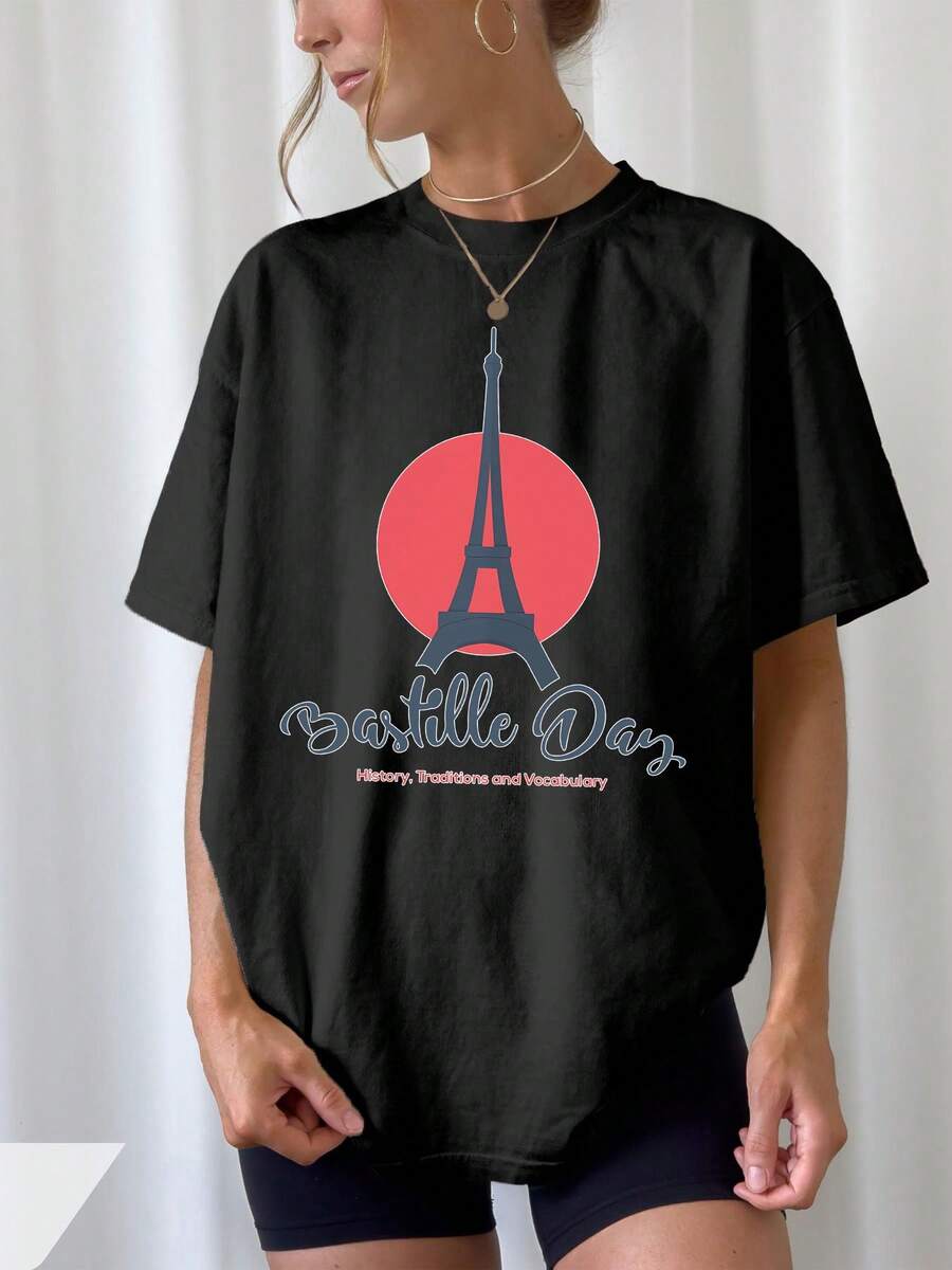 Women's Summer Blouses, Bastille T-Shirt, Plus Size, Comfortable, Style For Spring-Summer Outfits - 黑色 - 查看 1
