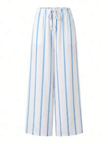Women's Summer Pink Striped Wide Leg Pants, High Waist Casual Loose Beach Pants, Bohemian Style Pink Vertical Striped Straight Leg Long Pants - White and Blue - View 5