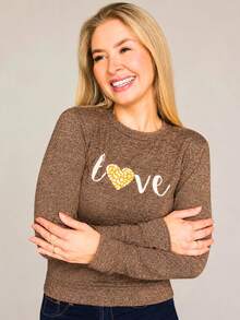 Lightweight Linen-Style Blouse With Cuffs, Hem, And Love Print, Cozy For Autumn - Mocha Brown - View 1