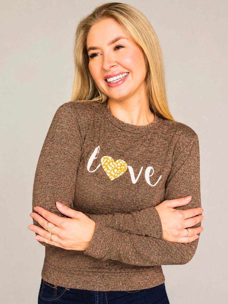 Lightweight Linen-Style Blouse With Cuffs, Hem, And Love Print, Cozy For Autumn - Mocha Brown - View 1