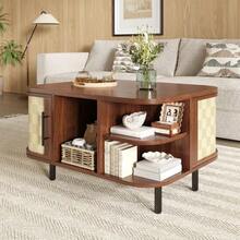 Coffee Table, Side Table, Curved Shape, Woven Surface, MDF Body, Metal Handles, Metal Legs, Storage Space, Living Room Table - 核桃 - 查看 3