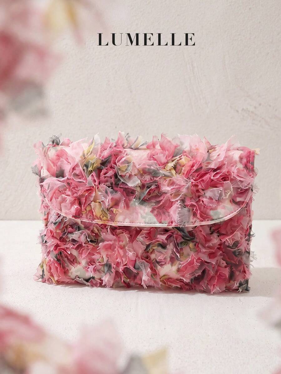 Bolso de mano con flores de lentejuelas de lujo, versátil para banquetes - Rosa Fucsia - Ver 1
