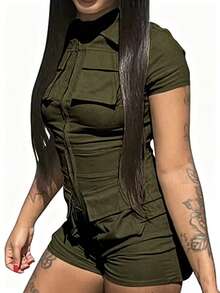 Design-Driven Utility Urban Style Short Sleeve High Neck Zipper Fitted Jumpsuit Summer - Green - View 2