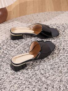 Women's Slip-On High Heel Thong Sandals, Spring/Summer New Fashion Black Glossy Nightclub Party Style, Square Toe Open Toe Chunky Heel - Black - View 5