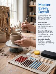 30-Piece Pottery Tools, One Storage Bag, 5 Embroidery Needles, 5 Silicone Pens, 4 Rolling Pins, A Sponge, A Cutting Line, A Steel Sheet, A Triangular Block, 6 Carving Tools, 1 Seven-Thread Needle, 4 Trimming Tools - Pottery Tools - View 2