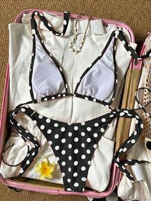 2pcs Polka Dot Elegant Halter Neck Back Tie Open Back Bikini Top With Side Tie Bikini Bottoms, Beach Pool Water Sports Seaside Women's Summer - Black - View 6