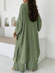 Setelan 2 Potong Wanita Musim Semi/Gugur Warna Polos Kasual Elegan Lengan Panjang Atasan dan Celana Panjang untuk Sehari-hari di Rumah - Hijau - View 3