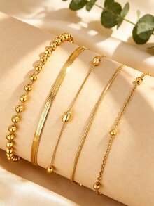 VceTd 5PCS/1PC French Gentle Style Multi-Chain Combination Stainless Steel Women's Bracelet Set, Suitable For Daily Commute Wear Or Best Friend Gathering Wear Or Holiday Gift For Girlfriend - Yellow Gold - View 1