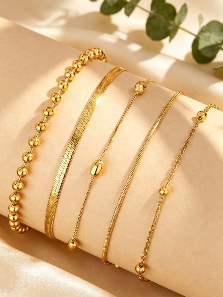 VceTd 5PCS/1PC French Gentle Style Multi-Chain Combination Stainless Steel Women's Bracelet Set, Suitable For Daily Commute Wear Or Best Friend Gathering Wear Or Holiday Gift For Girlfriend - Yellow Gold - View 1