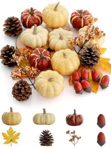 23pcs Pumpkin Decor Set, Autumn Harvest Decorations With Mini Pumpkins, Acorns, Pinecones, Berries, Maple Leaves, Suitable For Home Tabletop, Wedding DIY, Autumn Halloween Thanksgiving Decor - Pumpkin Maple Leaf Set - View 8