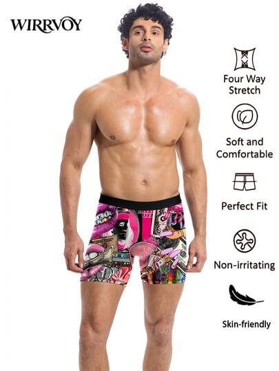 1 Peça Cueca Boxer Masculina Preta com Estampa de Colagem de Dinheiro & Máscara de Esqui, Estilo Casual de Moda Streetwear Hip Hop