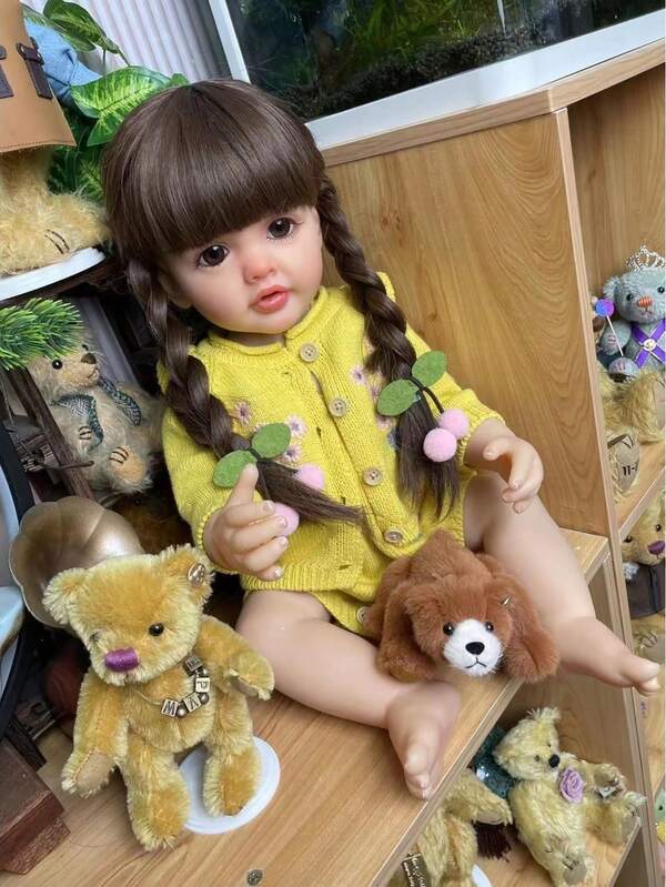 22inch/55cm Brown Long Hair Reborn Doll Fashionable Washable Simulation Dolls With Full Vinyl Material Companion Toy Birthday Gift