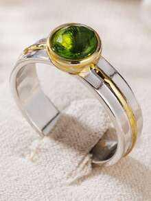 Gmzalx Fashionable Elegant Two-Tone Ring, Inlaid With Green Elegant Design, Elegant Choice For Daily Office And Casual Wear - Two-color - View 14