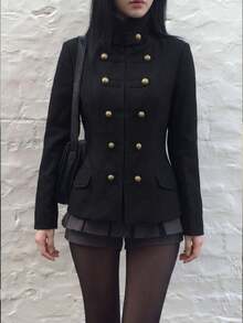 Napoleon Inspired Stand Collar Blazer, Black Slim Fit Jacket With Gold Decorative Buttons - Black - View 12