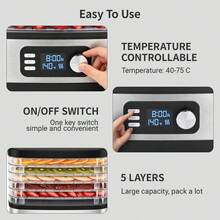SUSTEAS Food Dehydrator, Equipped With 5/8 Height-Adjustable, Stackable Trays, A Digital LCD Display, A 24-Hour Timer And Adjustable Temperature Control, Utilises A 360° Bottom-Mounted Fan Hot-Air Circulation System To Ensure Even And Rapid Drying. - Black and Silver - 8 Layers - View 5