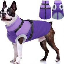 1 buah Mantel Anjing dengan Tali, Jaket Anjing Musim Dingin dengan Penutup Resleting, Jaket Bulu Domba Hangat untuk Hewan Peliharaan dengan Garis Reflektif dan Kerah Bulu, Setelan Salju Tahan Air untuk Anjing Kecil, Sedang, dan Besar - Purple - View 9