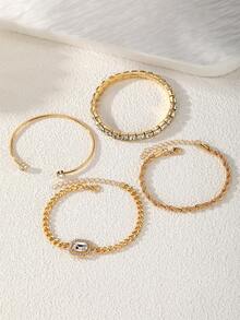 4pcs Luxury Fashion Minimalist Personalized Fresh Metal Multi-Layer Stackable Square Rhinestone Chain Bracelet Set For Women, High-Selling Popular Bracelet Set Suitable For Daily Wear And Office - Yellow Gold - View 5