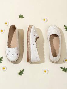 Girls Embroidered Straw Sole Kids Flat Shoes, Soft Round Toe Low Top Casual Shoes For Outdoor & School Performance, All Seasons Wear - Beige - View 5