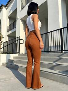 Stylish Women's Elegant Brown Straight Leg Jeans, High Stretch Denim With Ripped Details For A Casual Yet Chic Look, Ideal For Spring - 橘色 - 查看 3