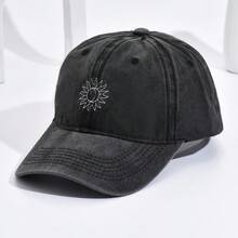 1 件男女通用太阳和月亮刺绣软冠复古水洗可调节棒球帽，休闲爸爸帽适合户外、旅行和日常穿着 - 深灰色 - 查看 7